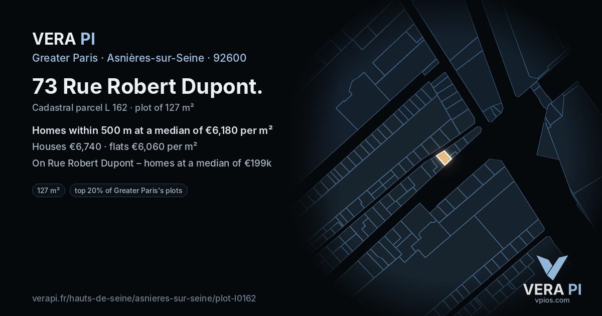 73 Rue Robert Dupont, Asnières-sur-Seine at night – the plot lit, the parcels around coloured by the prices near them