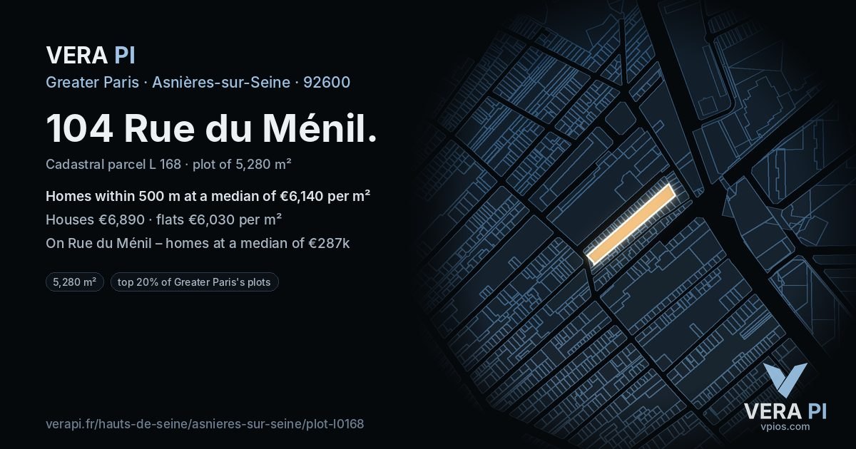 104 Rue du Ménil, Asnières-sur-Seine at night – the plot lit, the parcels around coloured by the prices near them
