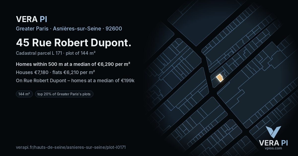 45 Rue Robert Dupont, Asnières-sur-Seine at night – the plot lit, the parcels around coloured by the prices near them