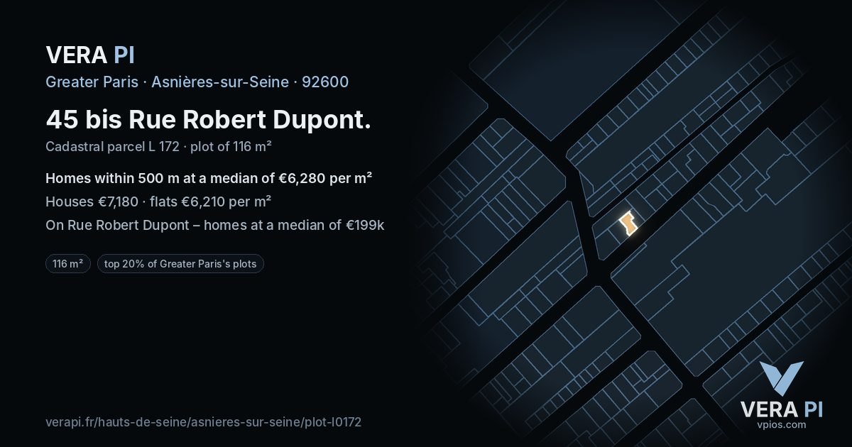 45 bis Rue Robert Dupont, Asnières-sur-Seine at night – the plot lit, the parcels around coloured by the prices near them
