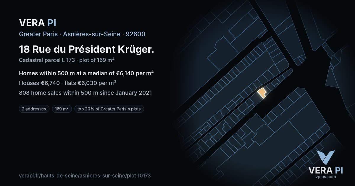 18 Rue du Président Krüger, Asnières-sur-Seine at night – the plot lit, the parcels around coloured by the prices near them