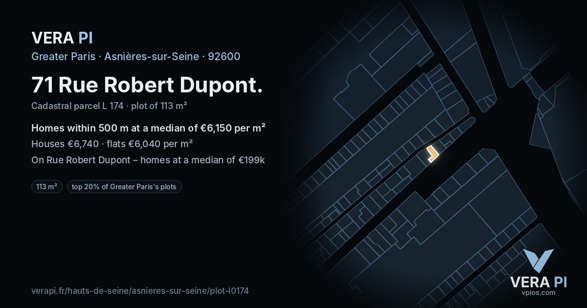 71 Rue Robert Dupont, Asnières-sur-Seine at night – the plot lit, the parcels around coloured by the prices near them