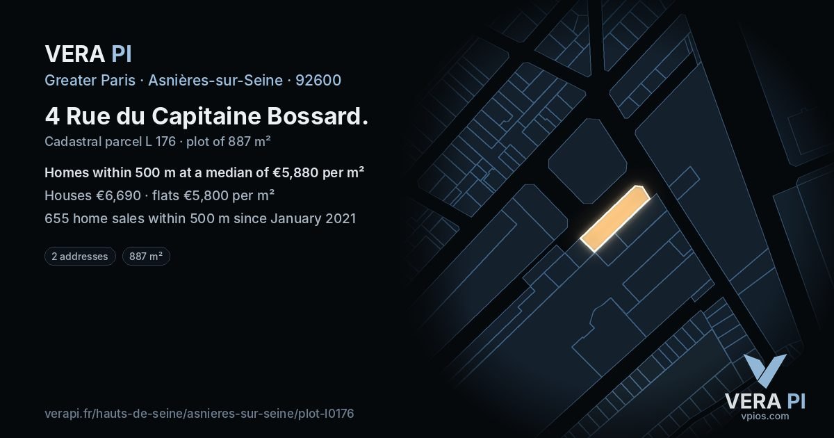 4 Rue du Capitaine Bossard, Asnières-sur-Seine at night – the plot lit, the parcels around coloured by the prices near them