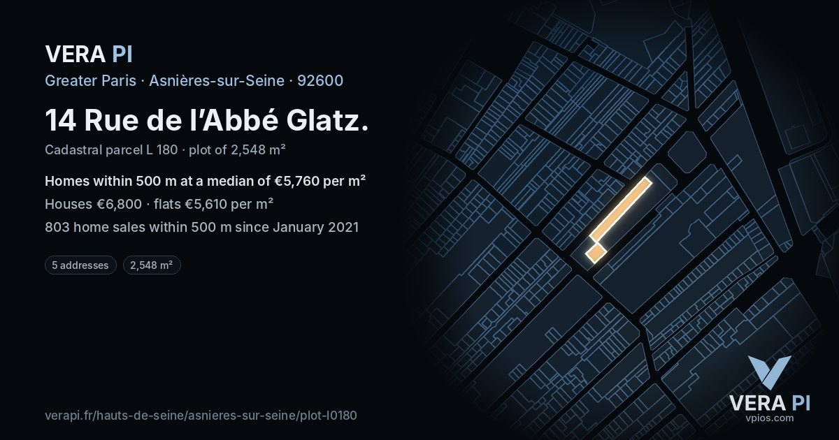 14 Rue de l’Abbé Glatz, Asnières-sur-Seine at night – the plot lit, the parcels around coloured by the prices near them