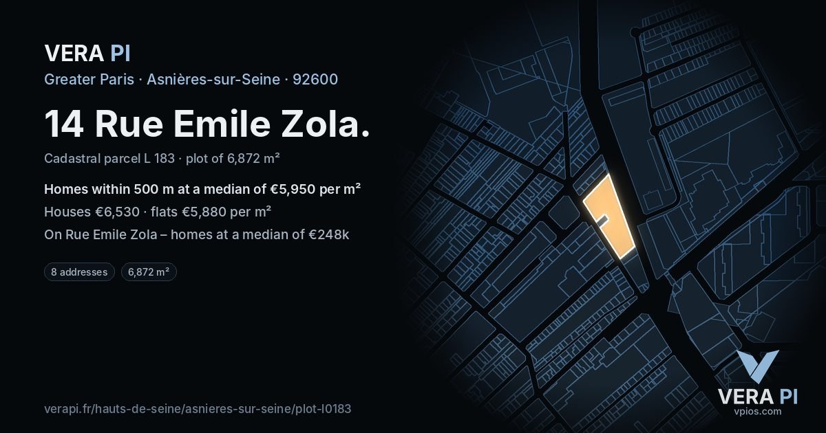 14 Rue Emile Zola, Asnières-sur-Seine at night – the plot lit, the parcels around coloured by the prices near them