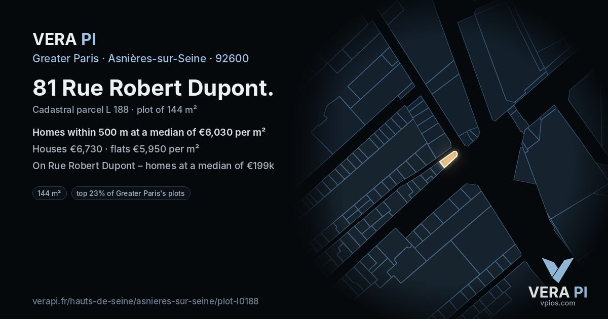 81 Rue Robert Dupont, Asnières-sur-Seine at night – the plot lit, the parcels around coloured by the prices near them