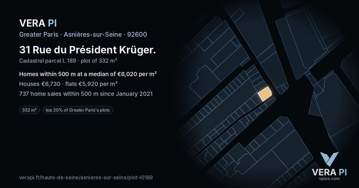 31 Rue du Président Krüger, Asnières-sur-Seine at night – the plot lit, the parcels around coloured by the prices near them