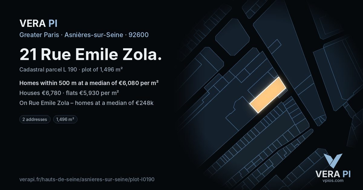 21 Rue Emile Zola, Asnières-sur-Seine at night – the plot lit, the parcels around coloured by the prices near them