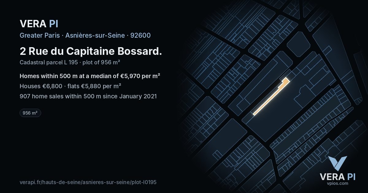 2 Rue du Capitaine Bossard, Asnières-sur-Seine at night – the plot lit, the parcels around coloured by the prices near them