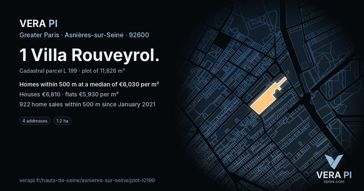 1 Villa Rouveyrol, Asnières-sur-Seine at night – the plot lit, the parcels around coloured by the prices near them