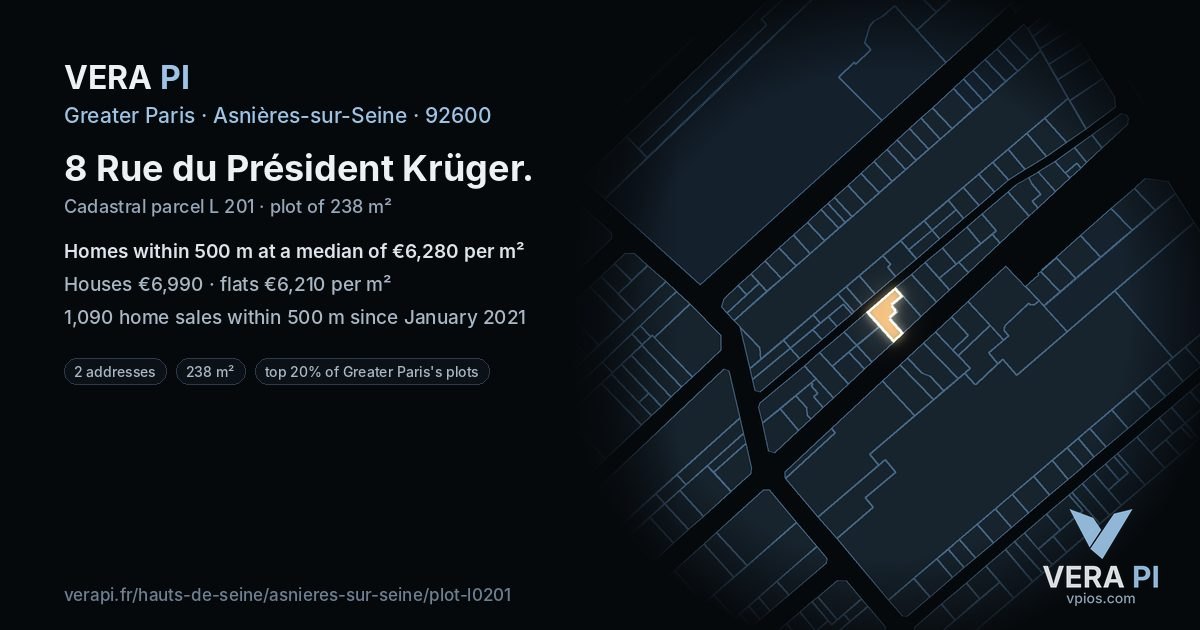 8 Rue du Président Krüger, Asnières-sur-Seine at night – the plot lit, the parcels around coloured by the prices near them
