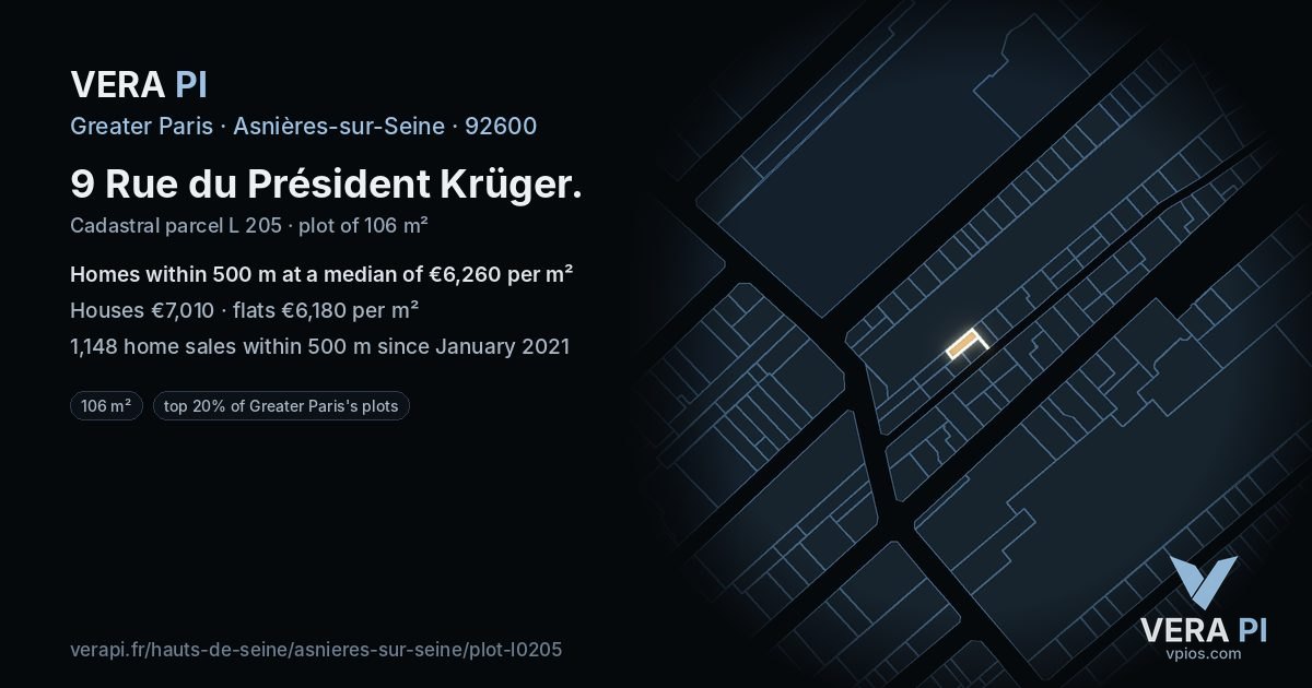 9 Rue du Président Krüger, Asnières-sur-Seine at night – the plot lit, the parcels around coloured by the prices near them