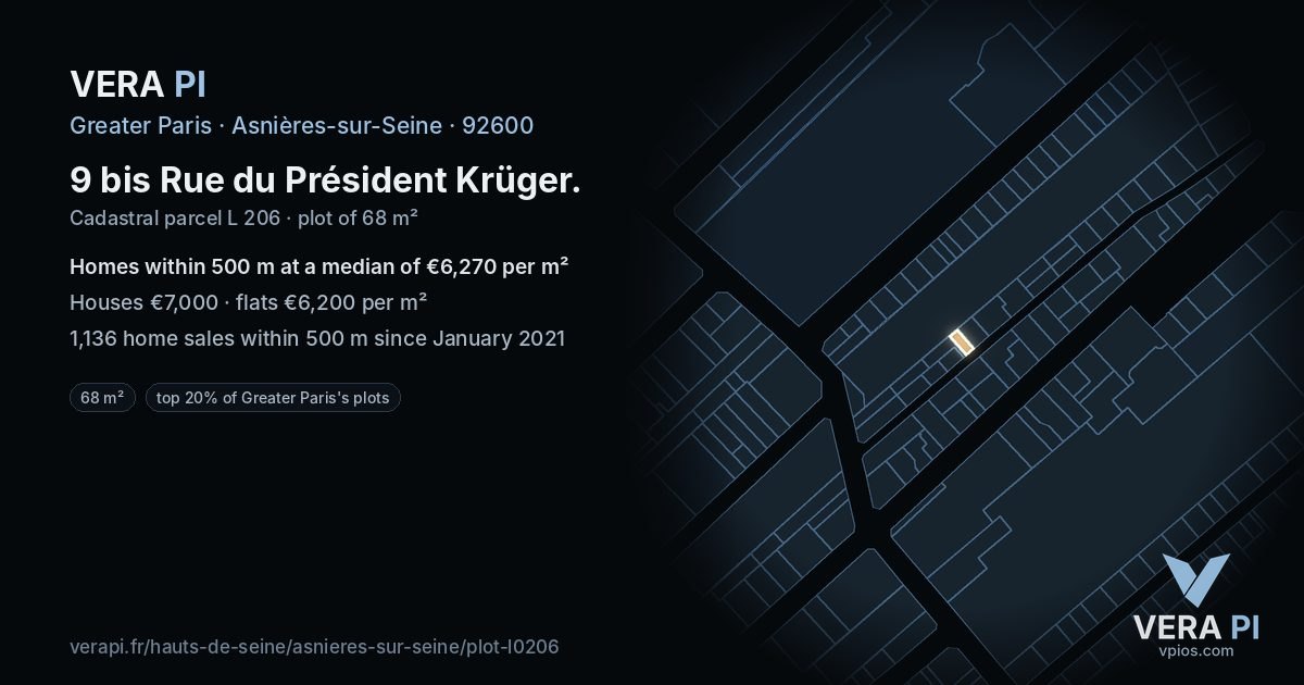 9 bis Rue du Président Krüger, Asnières-sur-Seine at night – the plot lit, the parcels around coloured by the prices near them