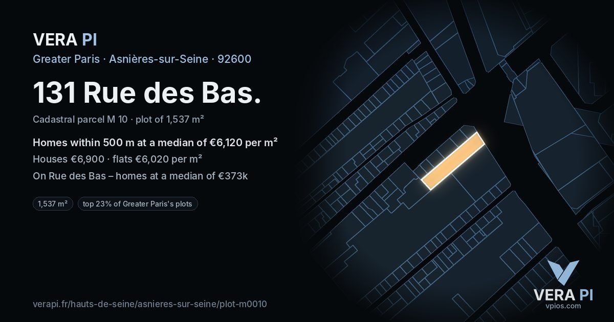 131 Rue des Bas, Asnières-sur-Seine at night – the plot lit, the parcels around coloured by the prices near them