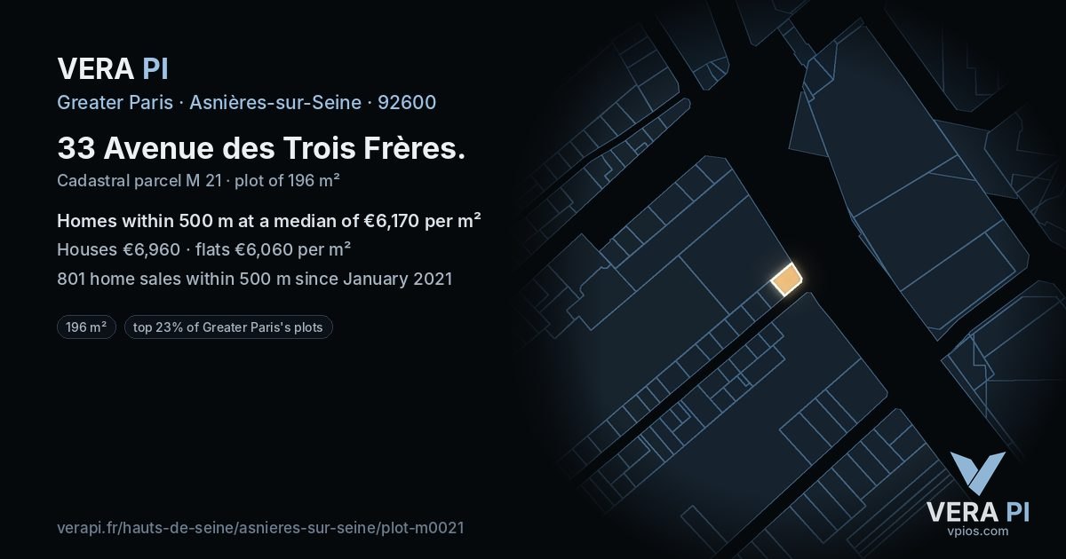 33 Avenue des Trois Frères, Asnières-sur-Seine at night – the plot lit, the parcels around coloured by the prices near them
