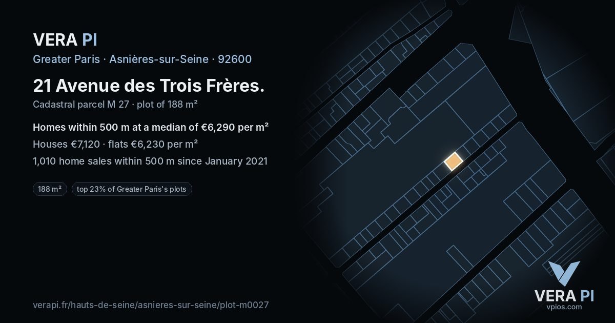 21 Avenue des Trois Frères, Asnières-sur-Seine at night – the plot lit, the parcels around coloured by the prices near them