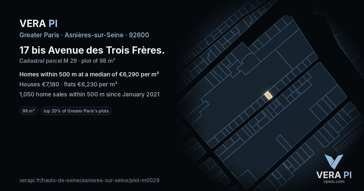17 bis Avenue des Trois Frères, Asnières-sur-Seine at night – the plot lit, the parcels around coloured by the prices near them