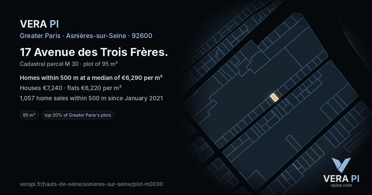 17 Avenue des Trois Frères, Asnières-sur-Seine at night – the plot lit, the parcels around coloured by the prices near them