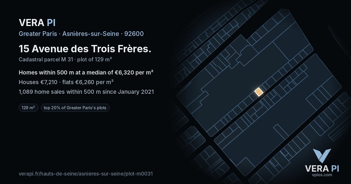 15 Avenue des Trois Frères, Asnières-sur-Seine at night – the plot lit, the parcels around coloured by the prices near them