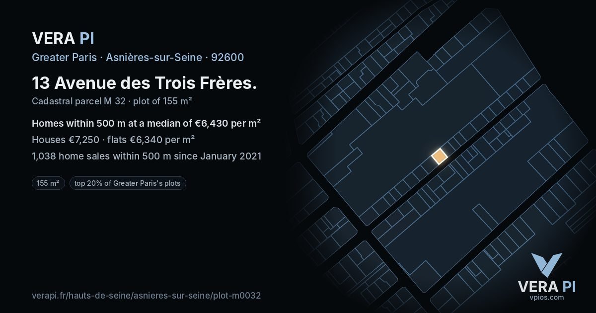 13 Avenue des Trois Frères, Asnières-sur-Seine at night – the plot lit, the parcels around coloured by the prices near them