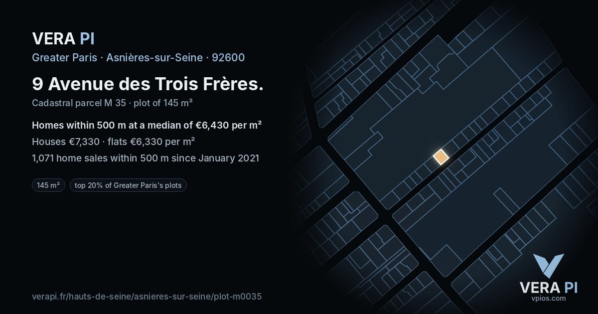 9 Avenue des Trois Frères, Asnières-sur-Seine at night – the plot lit, the parcels around coloured by the prices near them