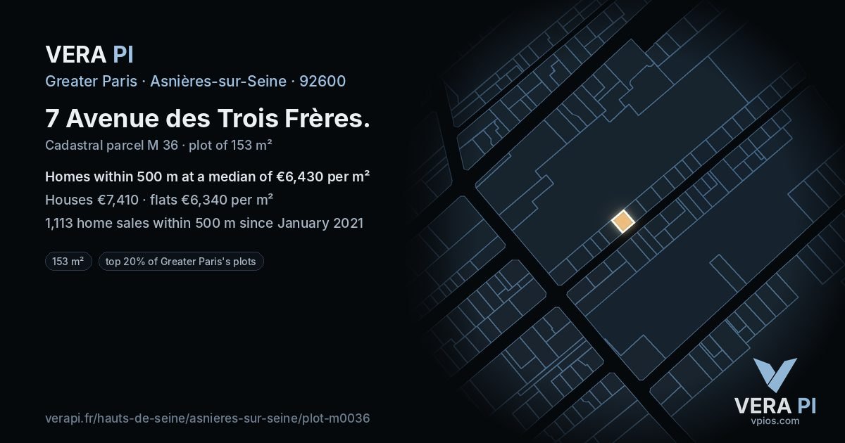 7 Avenue des Trois Frères, Asnières-sur-Seine at night – the plot lit, the parcels around coloured by the prices near them