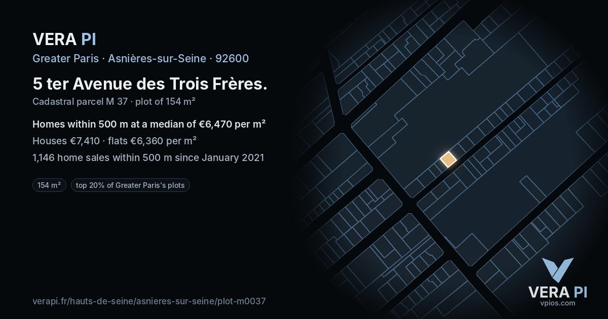 5 ter Avenue des Trois Frères, Asnières-sur-Seine at night – the plot lit, the parcels around coloured by the prices near them