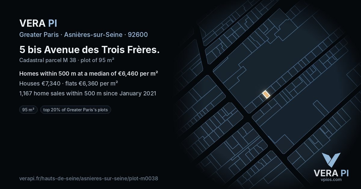 5 bis Avenue des Trois Frères, Asnières-sur-Seine at night – the plot lit, the parcels around coloured by the prices near them