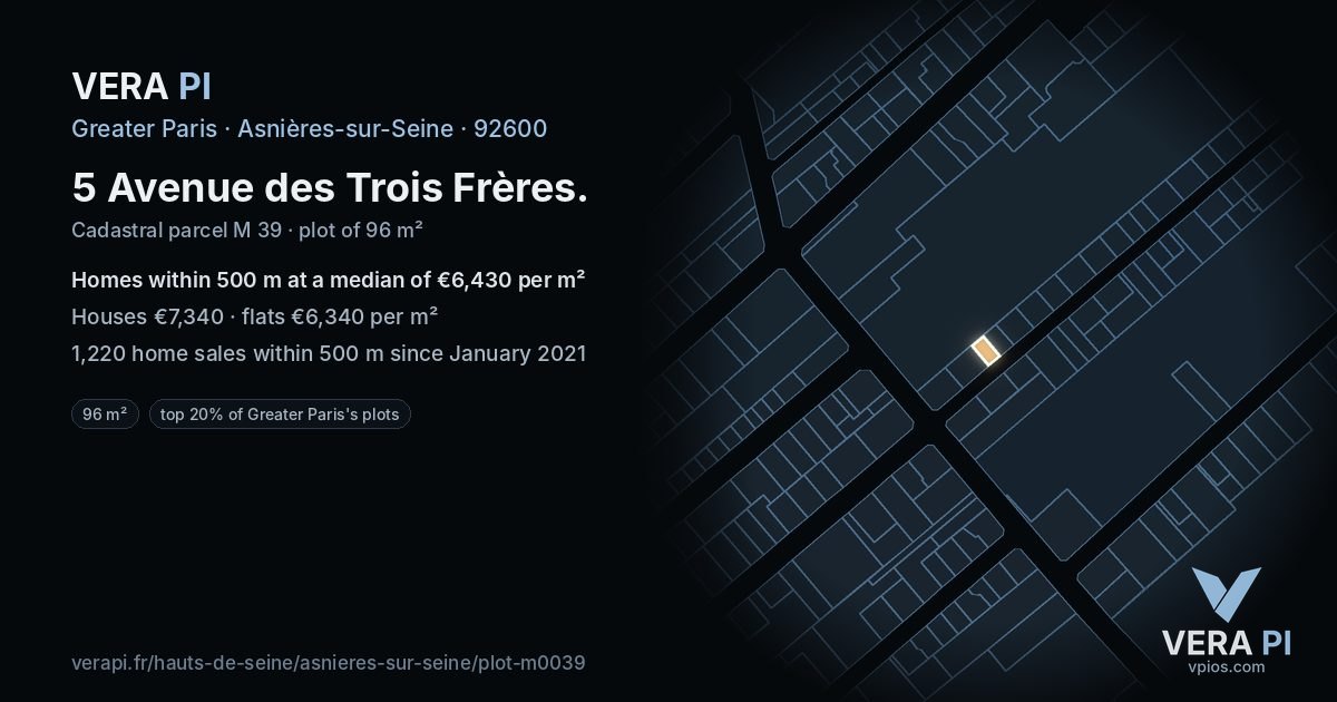 5 Avenue des Trois Frères, Asnières-sur-Seine at night – the plot lit, the parcels around coloured by the prices near them