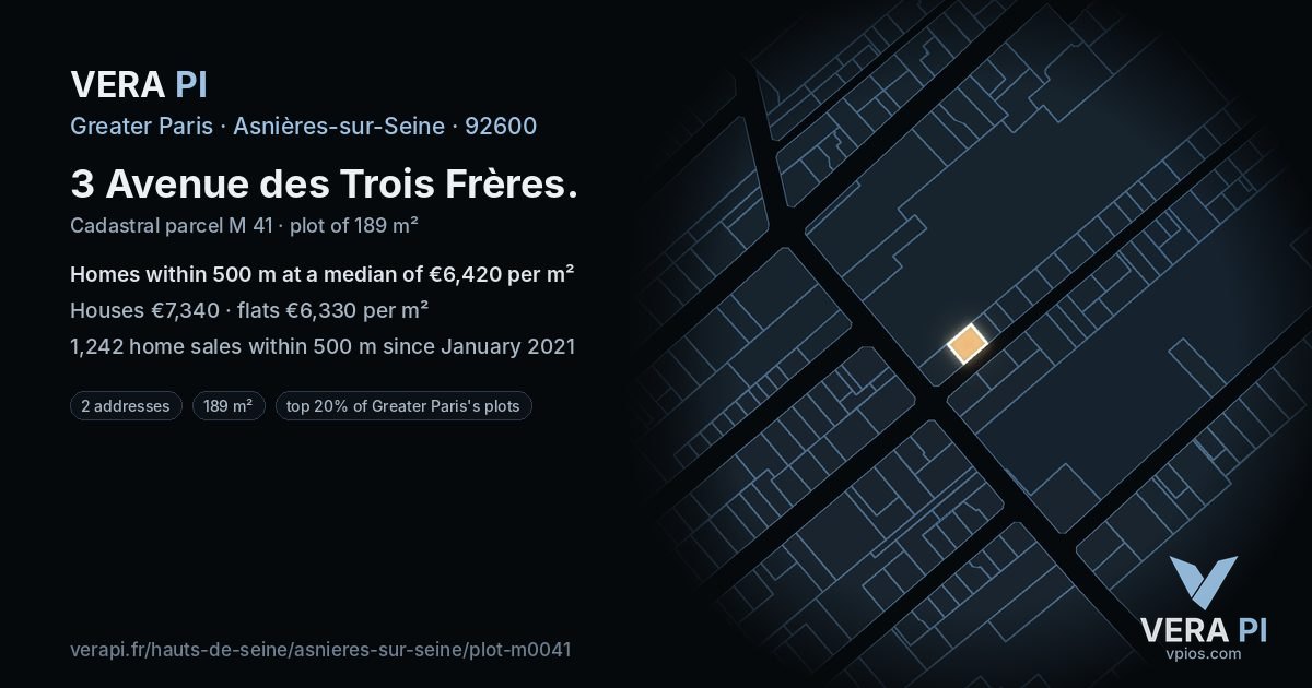 3 Avenue des Trois Frères, Asnières-sur-Seine at night – the plot lit, the parcels around coloured by the prices near them
