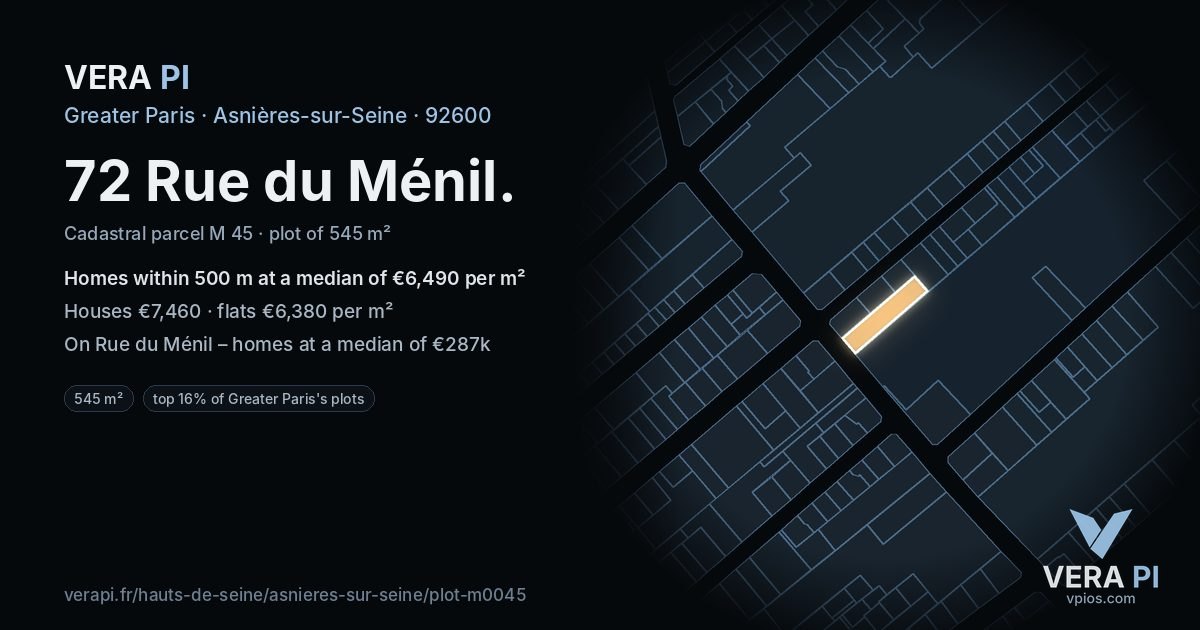 72 Rue du Ménil, Asnières-sur-Seine at night – the plot lit, the parcels around coloured by the prices near them