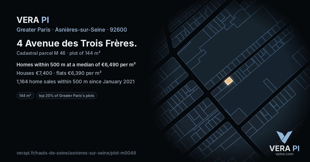 4 Avenue des Trois Frères, Asnières-sur-Seine at night – the plot lit, the parcels around coloured by the prices near them