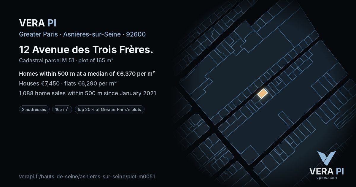 12 Avenue des Trois Frères, Asnières-sur-Seine at night – the plot lit, the parcels around coloured by the prices near them