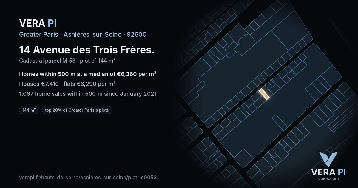 14 Avenue des Trois Frères, Asnières-sur-Seine at night – the plot lit, the parcels around coloured by the prices near them