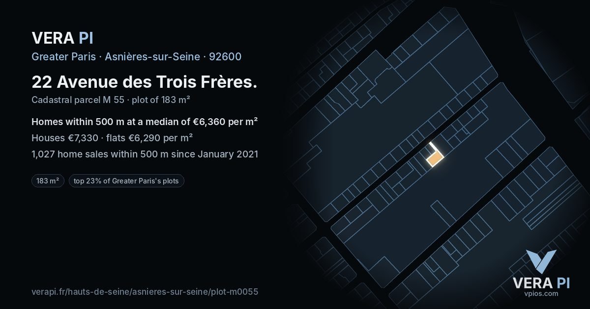 22 Avenue des Trois Frères, Asnières-sur-Seine at night – the plot lit, the parcels around coloured by the prices near them