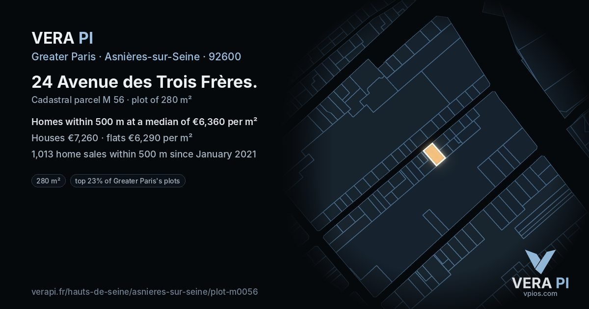 24 Avenue des Trois Frères, Asnières-sur-Seine at night – the plot lit, the parcels around coloured by the prices near them