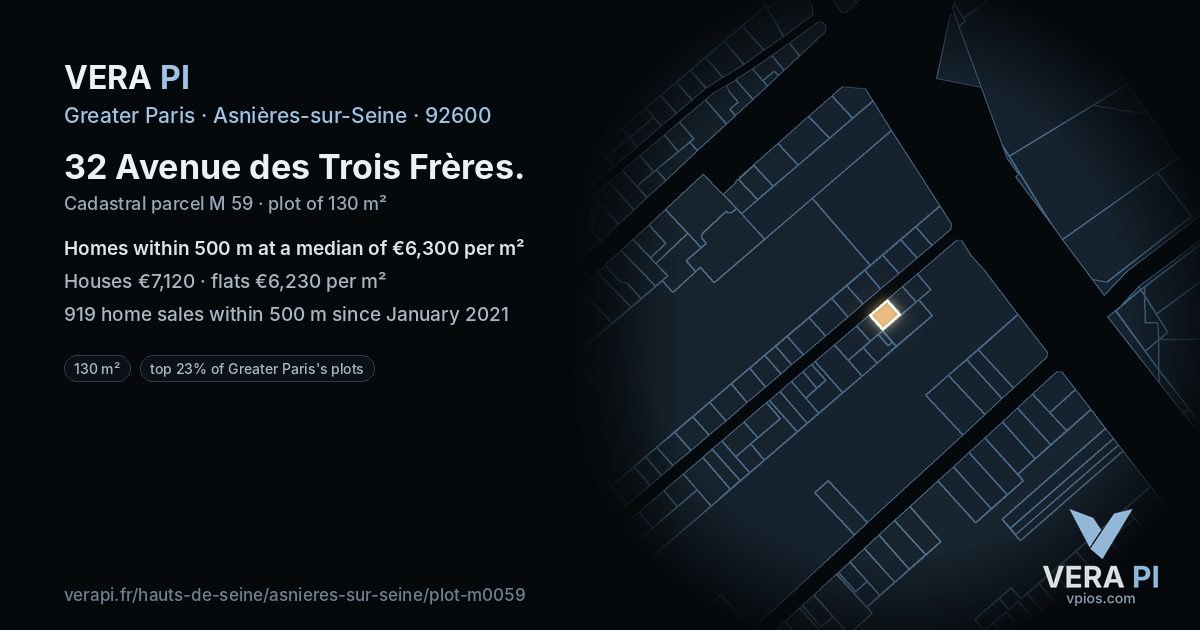 32 Avenue des Trois Frères, Asnières-sur-Seine at night – the plot lit, the parcels around coloured by the prices near them