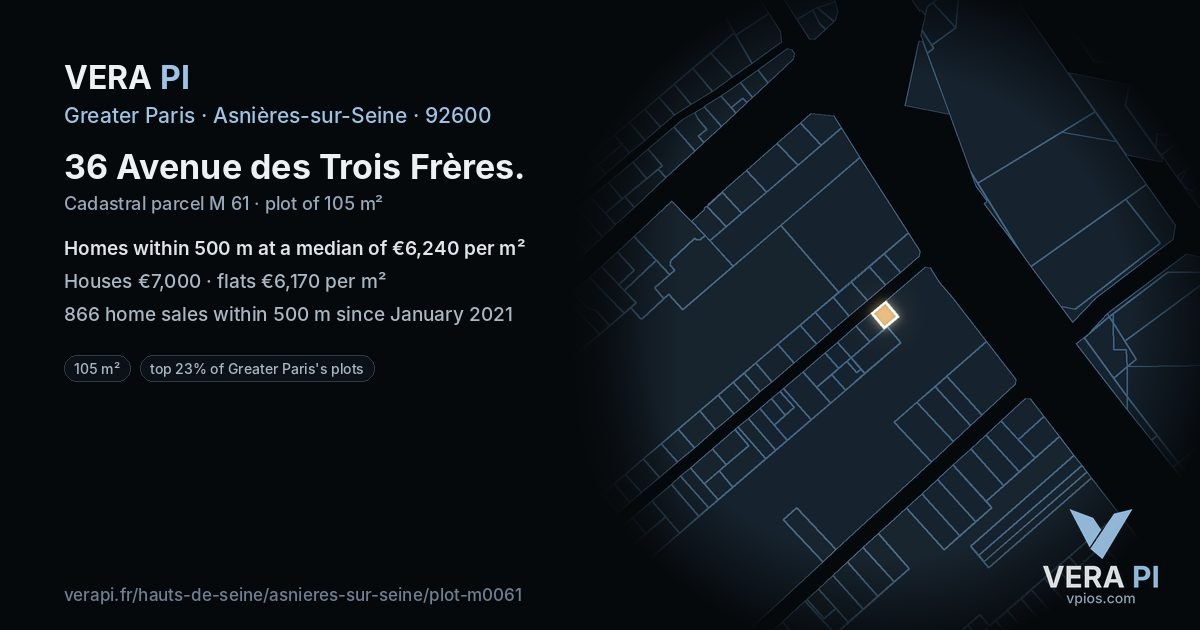 36 Avenue des Trois Frères, Asnières-sur-Seine at night – the plot lit, the parcels around coloured by the prices near them