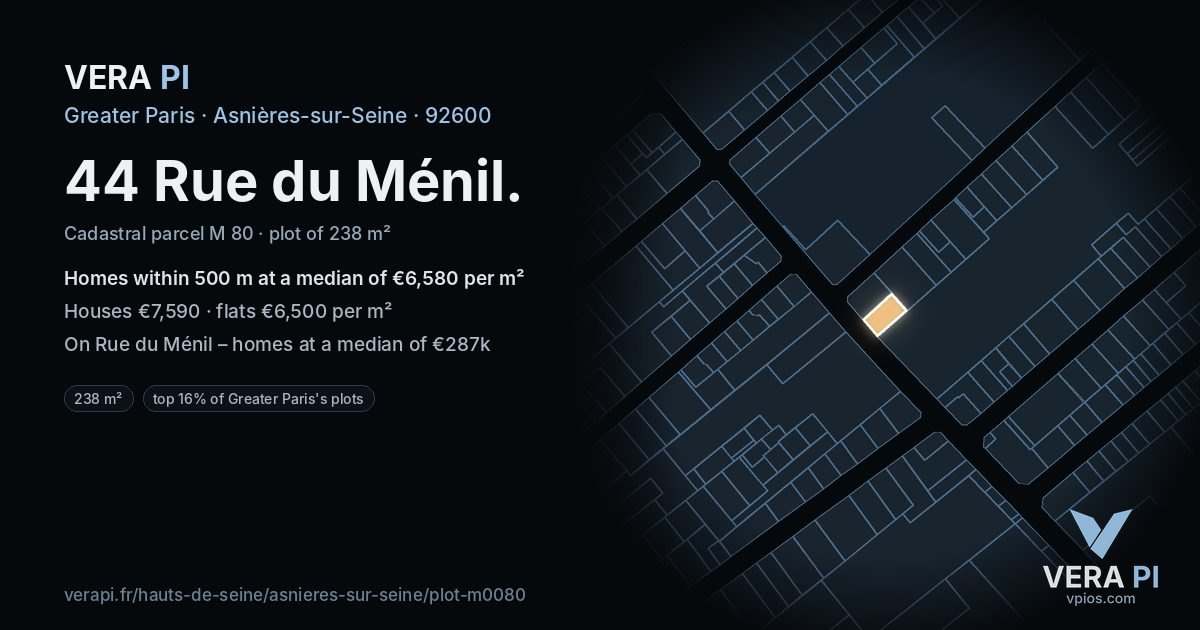 44 Rue du Ménil, Asnières-sur-Seine at night – the plot lit, the parcels around coloured by the prices near them