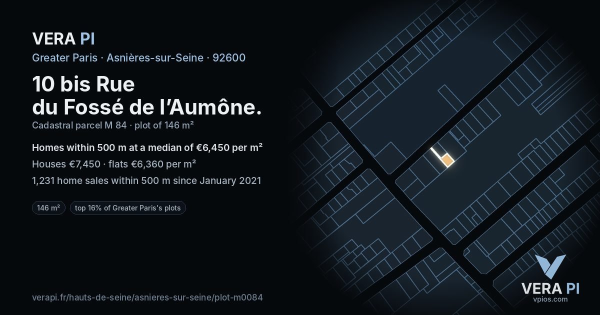 10 bis Rue du Fossé de l’Aumône, Asnières-sur-Seine at night – the plot lit, the parcels around coloured by the prices near them