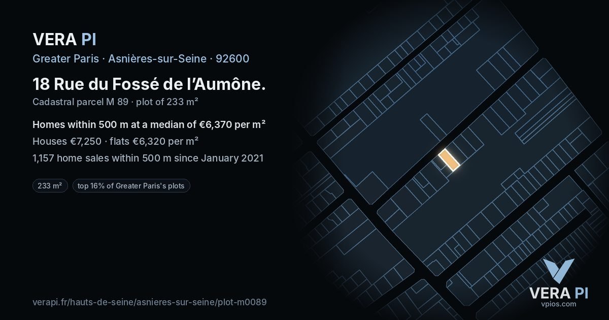 18 Rue du Fossé de l’Aumône, Asnières-sur-Seine at night – the plot lit, the parcels around coloured by the prices near them