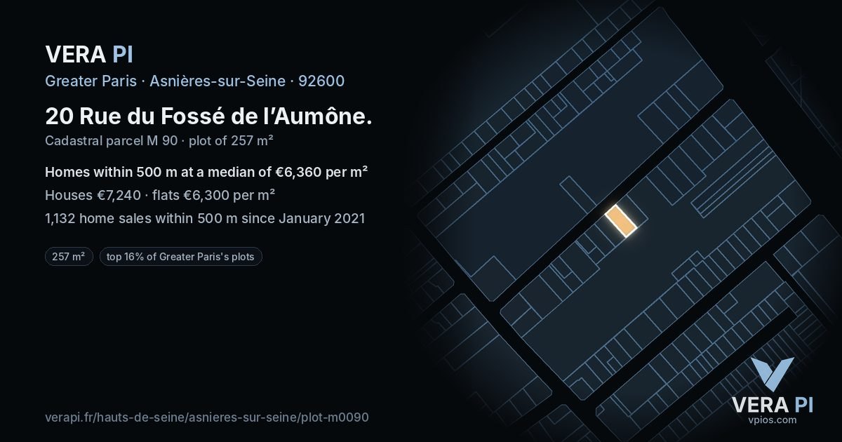 20 Rue du Fossé de l’Aumône, Asnières-sur-Seine at night – the plot lit, the parcels around coloured by the prices near them