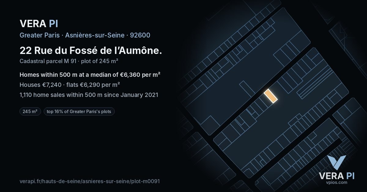 22 Rue du Fossé de l’Aumône, Asnières-sur-Seine at night – the plot lit, the parcels around coloured by the prices near them