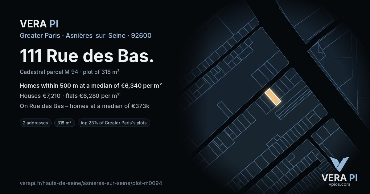 111 Rue des Bas, Asnières-sur-Seine at night – the plot lit, the parcels around coloured by the prices near them