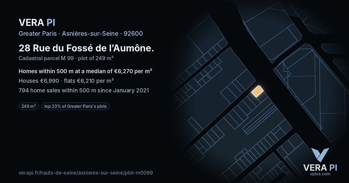 28 Rue du Fossé de l’Aumône, Asnières-sur-Seine at night – the plot lit, the parcels around coloured by the prices near them