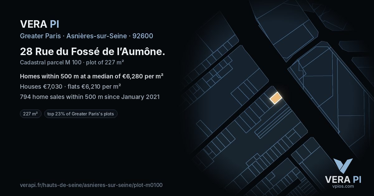 28 Rue du Fossé de l’Aumône, Asnières-sur-Seine at night – the plot lit, the parcels around coloured by the prices near them