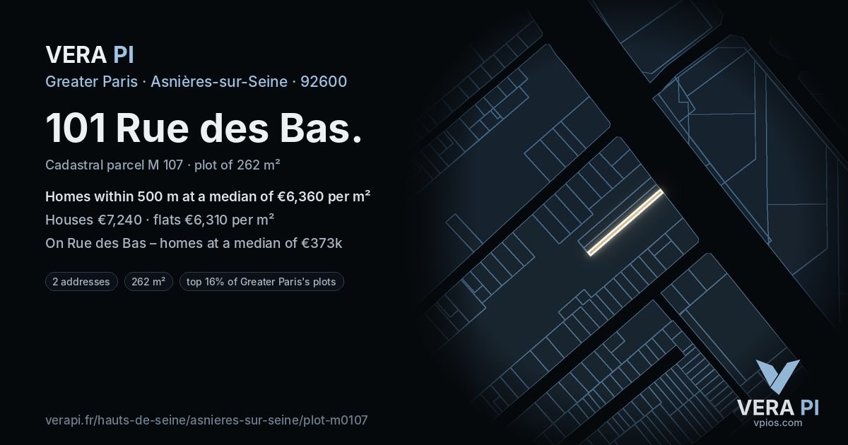 101 Rue des Bas, Asnières-sur-Seine at night – the plot lit, the parcels around coloured by the prices near them