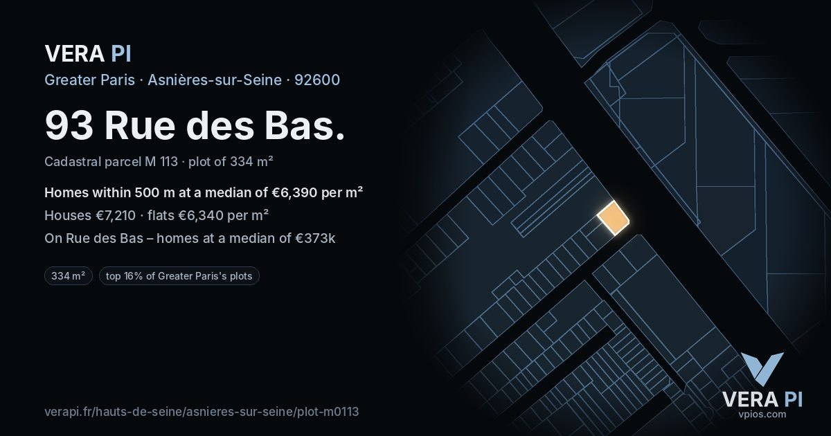 93 Rue des Bas, Asnières-sur-Seine at night – the plot lit, the parcels around coloured by the prices near them