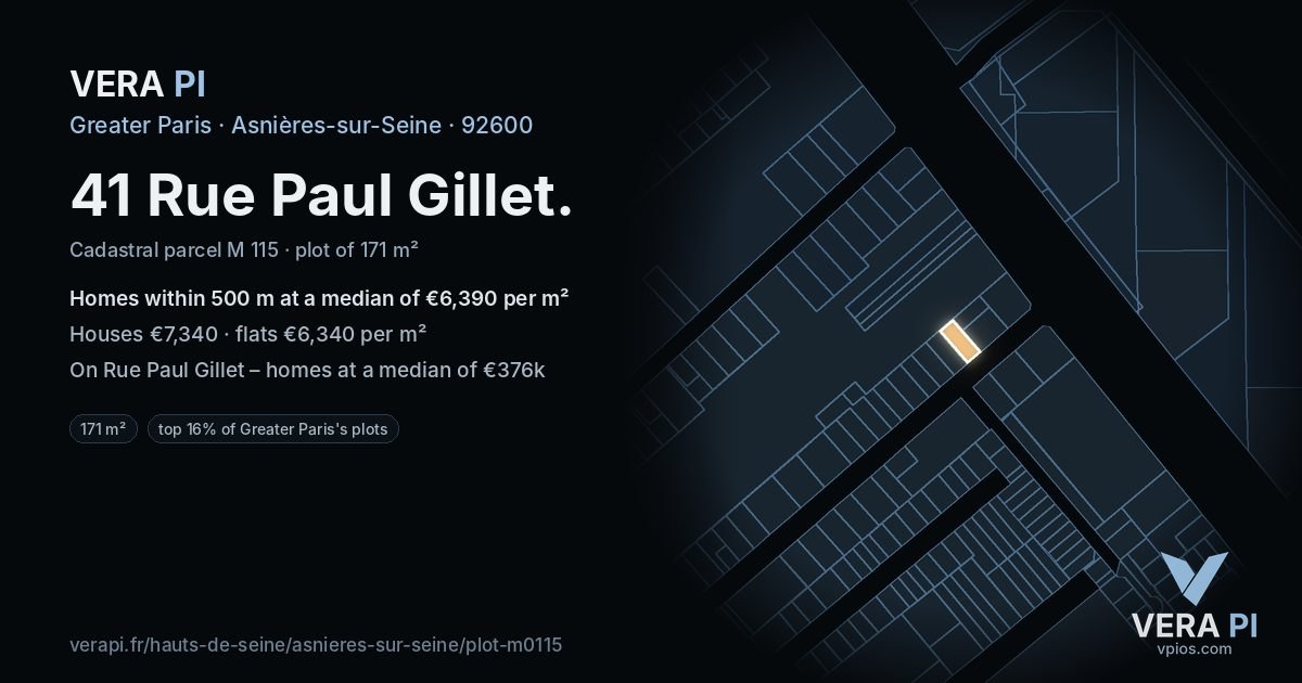 41 Rue Paul Gillet, Asnières-sur-Seine at night – the plot lit, the parcels around coloured by the prices near them