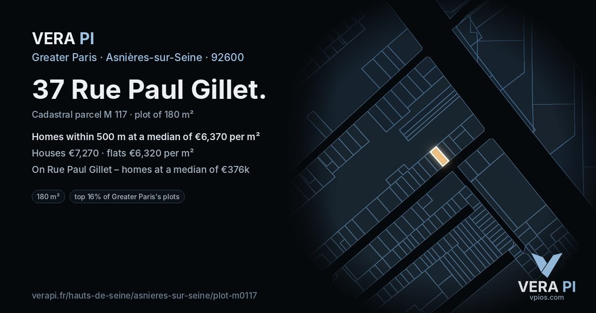 37 Rue Paul Gillet, Asnières-sur-Seine at night – the plot lit, the parcels around coloured by the prices near them
